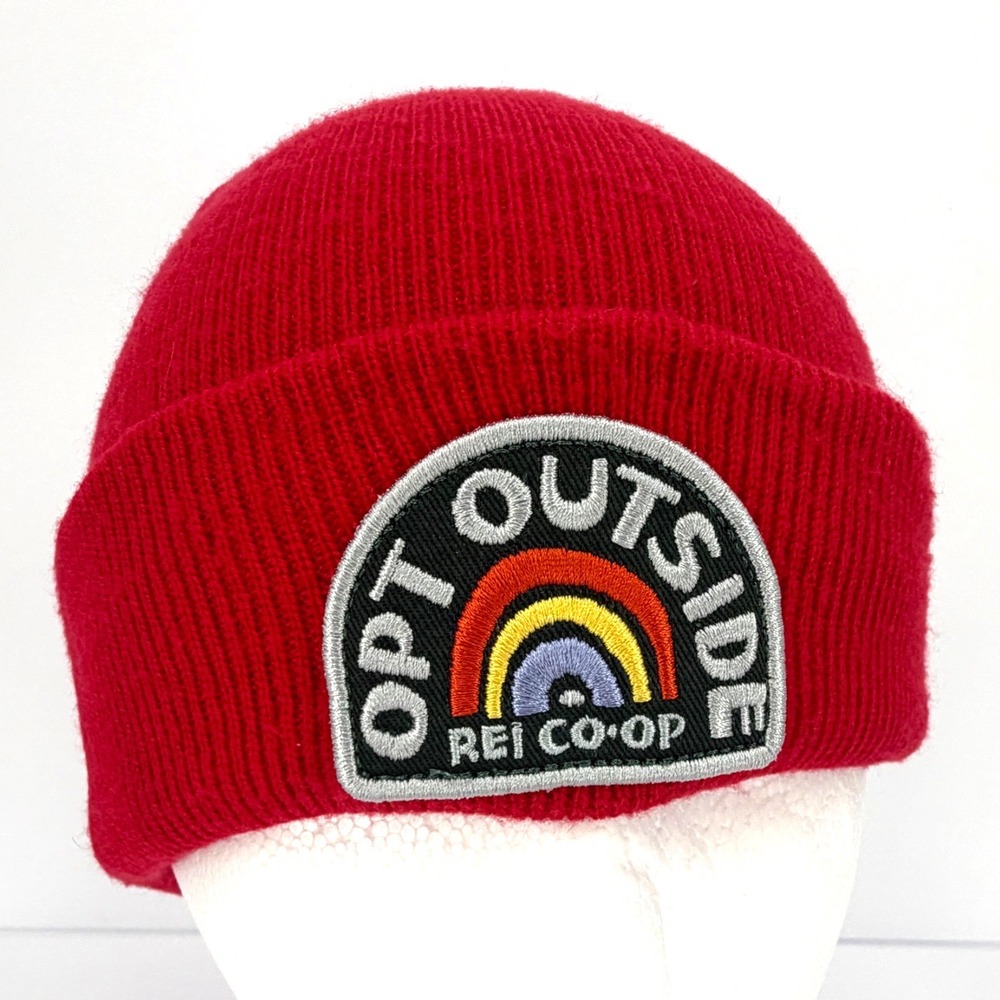 REI Co-op Opt Outside Rainbow Patch Red Cuffed Beanie One Size Recycled